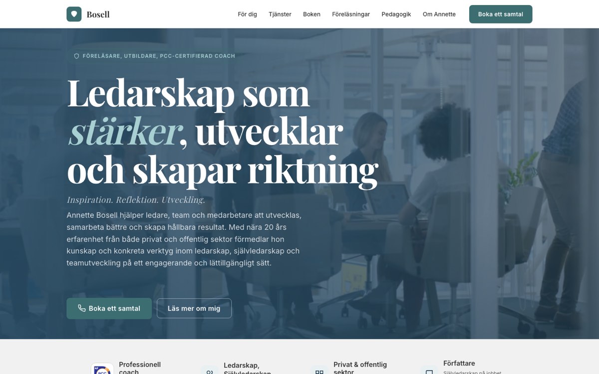 Startsidan på bosell.se i en dator: rubriken Ledarskap som stärker, utvecklar och skapar riktning, med knappen Boka ett samtal.