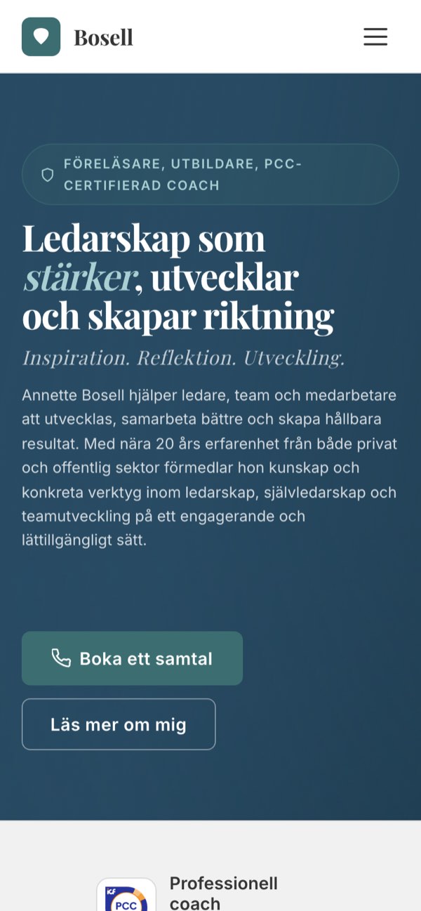 Samma startsida på bosell.se i en mobiltelefon.